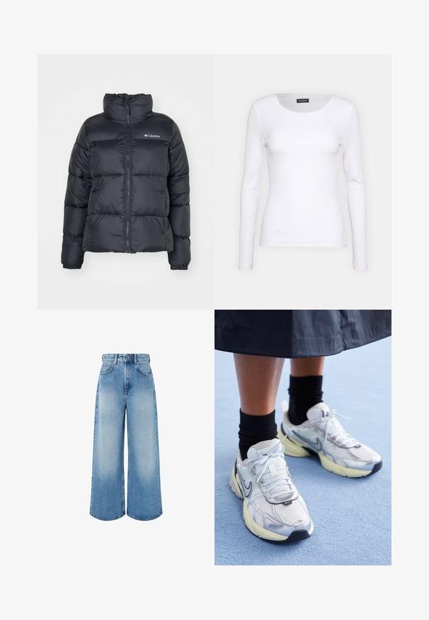 Čierna prešívaná bunda s vysokým golierom, zipsom na prednej strane a elastickými manžetami. Vyrobené z hladkej tkaniny s logom na ľavej hrudi.; Biely rebrovaný top s dlhým rukávom a okrúhlym výstrihom. Vyrobený z pružného materiálu, ktorý obopína telo. Obsahuje jemné horizontálne pruhy.; Svetlomodré nohavice s širokými nohavicami vyrobené z denimu, s vysokým pásom, zapínaním na gombík a jemným prešúchaním s čistými okrajmi nohavíc.; Biele a strieborné Nike tenisky s mrežovou textíliou, reflexnými akcentmi a béžovou podrážkou. Nosené s čiernymi ponožkami, stojace na modrom povrchu.