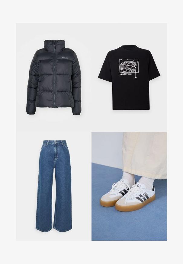 Jachetă puffer neagră cu guler înalt, fermoar frontal și manșete elastice. Fabricată dintr-un material neted, cu un logo pe pieptul stâng.; Tricou negru din bumbac, cu mâneci scurte. Dispune de un grafic alb cu o pânză de păianjen și un logo pe față. Guler simplu, rotund.; Pantaloni din denim albastru cu talie înaltă și picioare largi, cu o cusătură contrastantă și buzunare laterale, având un design clasic cu cinci buzunare și margini brut.; Adidași albi cu dungi negre și accente din suede bej. Au talpă din cauciuc texturat și șireturi albe plate, purtați cu șosete de culori deschise.