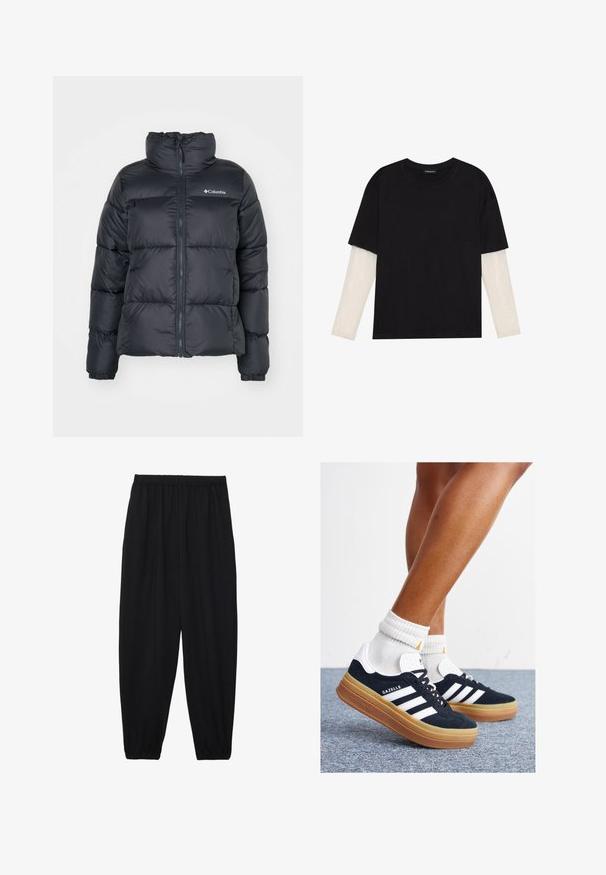 Sort pufferjakke med høj krave, lynlås foran og elastiske manchetter. Fremstillet af glat stof med et logo på venstre bryst.; Sort T-shirt lavet af bomuld, med korte ærmer over et hvidt langærmet lag med et subtilt tekstureret mønster. Design med rund hals.; Sort, lette bukser med elastisk talje og sammenfoldede ankler. Stoffet er glat og har et afslappet, indsnævret design.; Sorte sneakers i ruskind med hvide striber og detaljer, rundet tå, ydersål i gummi, kombineret med hvide ribstrikkede crew sokker.