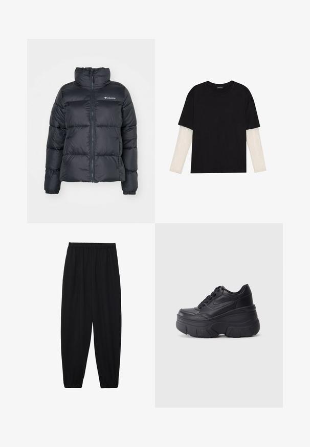 Veste en duvet noire avec un haut col, fermeture éclair à l'avant et poignets élastiques. Fabriquée en tissu lisse avec un logo sur la poitrine gauche.; T-shirt noir en coton, avec des manches courtes sur une couche à manches longues blanche avec un motif texturé subtil. Col rond.; Pantalons noirs légers avec une taille élastique et des chevilles froncées. Le tissu est lisse et présente un design décontracté et fuselé.; Baskets noires à lacets avec une semelle épaisse, présentant un dessus en cuir lisse, un bout arrondi et un design de plateforme en couches distinct.