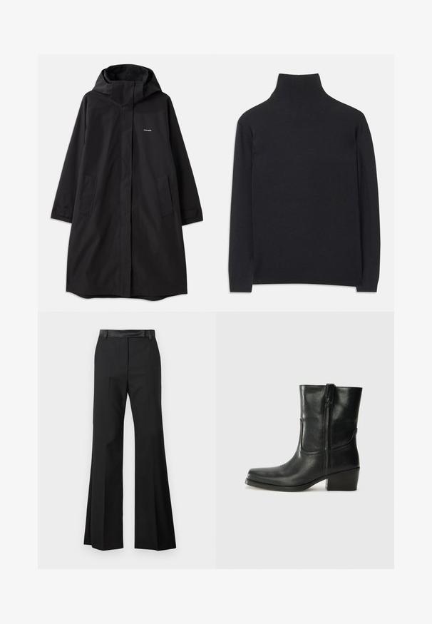 Melna ūdensnecaurlaidīga jaka ar kapuci, garām piedurknēm, sānu kabatām un priekšējo rāvējslēdzēju. Iezīmes minimālisma dizains ar zīmola logotipu uz krūtīm.; Melns augstais kakls džemperis no mīksta auduma. Tam ir garas piedurknes, augsts kakls un ribotas aproces un apakšmala, lai radītu pieguļošu izskatu.; Melnas platās bikses ar gludu auduma apdari, aprīkotas ar cietu jostu un presētām krokām, lai nodrošinātu elegantu izskatu.; Melna ādas potīte ar noapaļotu purngalu, bloku papēdi, sānu rāvējslēdzēju un šuvju akcentiem uz virsmas. Gluda tekstūra, klasiskā dizaina.