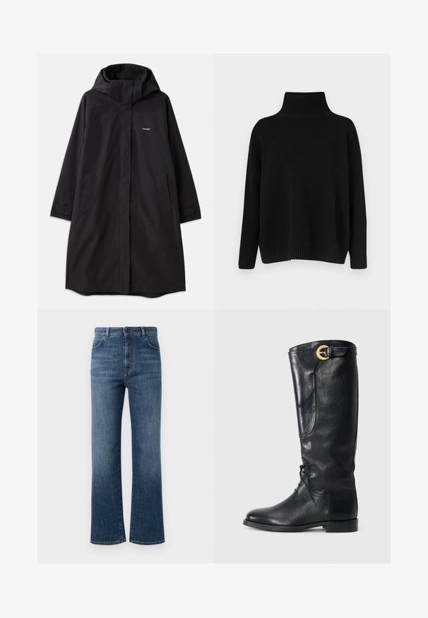Crni vodootporni kaput s kapuljačom, dugim rukavima, bočnim džepovima i prednjim zatvaračem. Ima minimalistički dizajn s logotipom branda na prsima.; Crni pleteni džemper s visokim rebrastim ovratnikom, spuštenim ramenima i opuštenim krojem. Ima rebraste manžete i rub radi teksture.; Tamne traperice tamnoplave boje, s ravnim nogavicama, pet džepova, zatvaranjem na dugme i suptilnim detaljima šivanja.; Crne kožne čizme do koljena s zaobljenim vrhom, vezanjem sprijeda, bočnim detaljem i zlatnom kopčom na vrhu. Glatka tekstura.