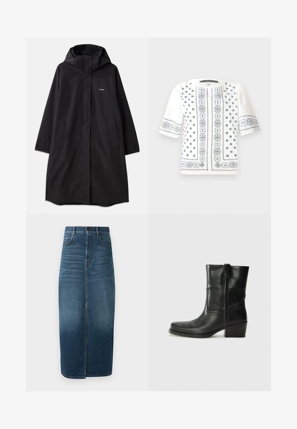 Čierny nepremokavý kabát s kapucňou, dlhými rukávmi, bočnými vreckami a predným zipsom. Obsahuje minimalistický dizajn s logom značky na hrudi.; Biely krátky rukáv blúzka so modrou kvetinovou výšivkou, okrúhlym výstrihom a zložitými vzormi na prednej časti a rukávoch.; Denim midi sukňa v tmavom indigu, s predným rozparkom a jemným vyblednutím. Klasický dizajn s piatimi vreckami a kovovým gombíkom na zapínanie.; Čierne kožené členkové topánky s okrúhlou špičkou, blokovým podpätkom, bočným zipsom a prešívaním na priehlavku. Hladká textúra, klasický dizajn.