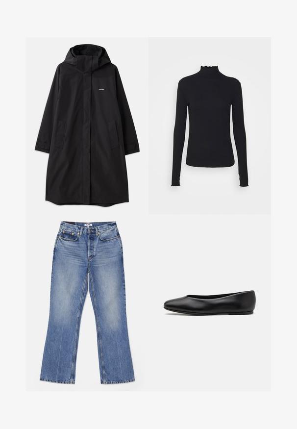 Czarny wodoodporny płaszcz z kapturem, długimi rękawami, bocznymi kieszeniami i zamek błyskawiczny z przodu. Charakteryzuje się minimalistycznym designem z logo marki na klatce piersiowej.; Czarny, długi rękaw, golf z gładkiego materiału, z falbaniastym kołnierzem i dopasowanym krojem z prostymi brzegami.; RE/DONE - Jeansy Bootcut; Paul Smith TOPANGA czarny