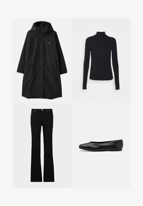 Black waterproof coat with hood, long sleeves, side pockets, and front zipper. Features minimalistic design with brand logo on chest.; Black long-sleeve turtleneck top made of smooth fabric, featuring a ruffled neck and fitted silhouette with simple edges.; Black flared jeans made of denim, featuring two front pockets, a button closure, and a smooth texture. Signature stitching visible at seams.; Paul Smith TOPANGA - Ballet pumps - black