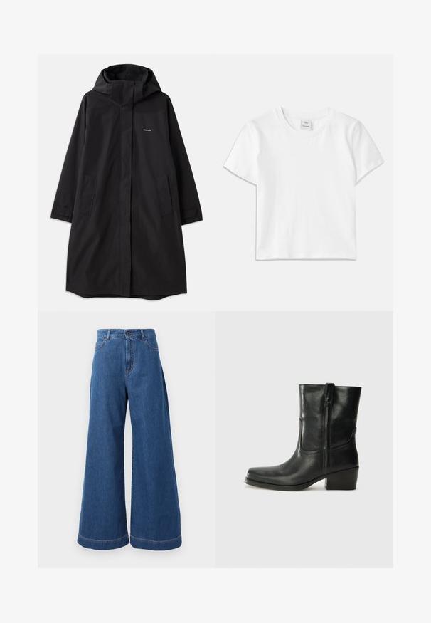 Crni vodootporni kaput s kapuljačom, dugim rukavima, bočnim džepovima i prednjim zatvaračem. Ima minimalistički dizajn s logotipom branda na prsima.; Bijela pamučna majica s okruglim izrezom, kratkim rukavima i ravnim rubom. Oznaka označena "Won Hundred" nalazi se na sredini dekoltea.; Široke traperice u srednje plavoj denim boji, s visokim strukom, prednjim džepovima i kontrasnim šavovima duž šavova i rubova.; Crne kožne čizme do članaka s okruglim vrhom, blok potpeticom, bočnim patentnim zatvaračem i detaljima od šavova na gornjem dijelu. Glatka tekstura, klasičan dizajn.