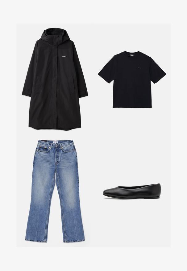 Černý nepromokavý kabát s kapucí, dlouhými rukávy, bočními kapsami a předním zipem. Má minimalistický design s logem značky na prsou.; Černé tričko s krátkým rukávem vyrobené z bavlny, s kulatým výstřihem a malým logem na levé straně hrudi. Hladká textura a uvolněný střih.; RE/DONE LOOSE - Džíny Bootcut - hacienda; Paul Smith TOPANGA - Klasické baleríny - black