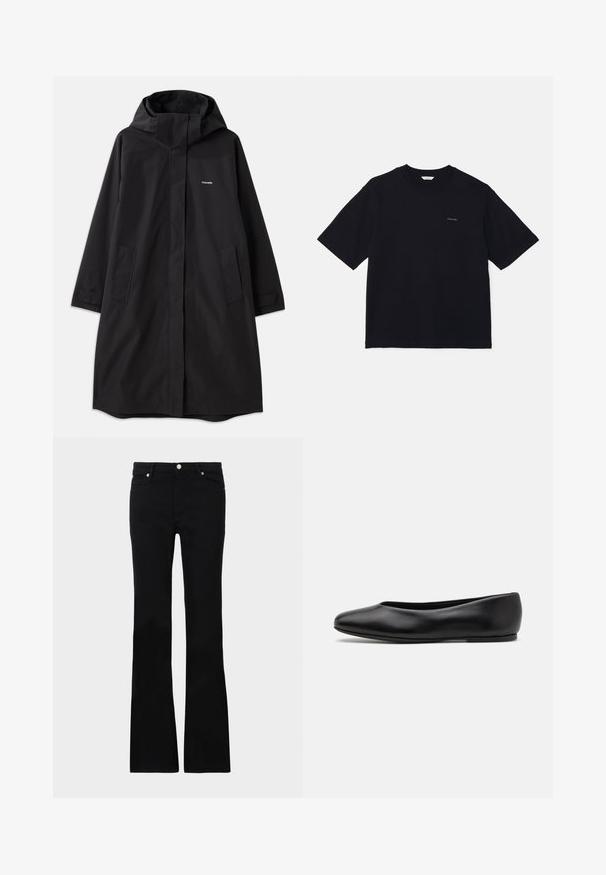 Black waterproof coat with hood, long sleeves, side pockets, and front zipper. Features minimalistic design with brand logo on chest.; Black short-sleeve t-shirt made of cotton, featuring a crew neckline and a small logo on the left chest. Smooth texture and relaxed fit.; Black flared jeans made of denim, featuring two front pockets, a button closure, and a smooth texture. Signature stitching visible at seams.; Paul Smith TOPANGA - Ballet pumps - black