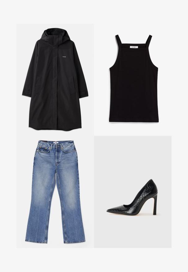 Juodas vandeniui atsparus paltas su kapišonu, ilgos rankovės, šoninės kišenės ir priekinis užtrauktukas. Ypatybė - minimalizmo dizainas su prekės ženklo logotipu ant krūtinės.; Juodas topas su plonais spaghetti petnešomis, pagamintas iš rausvos medžiagos, turintis tiesų kirpimą ir etiketę prie iškirpės, ant kurios parašyta "IVY OAK."; RE/DONE LOOSE - Šiek tiek platėjantys apačioje džinsai - hacienda; Juoda smailiakulnė aukšto kulno bateliai su krokodilo odos tekstūra, pasižymintys elegantišku dizainu, aukštu stiletu kulnu ir lygia juoda vidine dalimi.