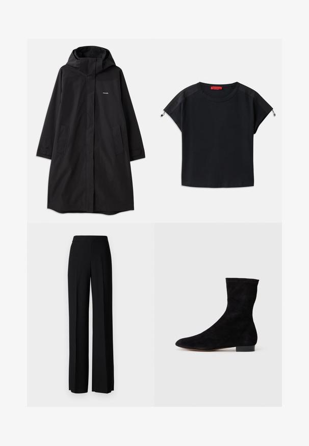 Fekete vízálló kabát kapucnival, hosszú ujjal, oldalsó zsebekkel és elülső cipzárral. Minimalista dizájn jellemzi, márkalogóval a mellkason.; Fekete, rövid fazonú póló kerek nyakkal. Puha anyagból készült, vállán selyem panelokkal és zsinóros részletekkel az ujjaknál.; Fekete, széles szárú nadrág sima tapintással, magas derékkal és középen pliszével. Nincsenek látható minták vagy fém részletek.; Fekete velúr bokacsizma, illeszkedő szárral, hegyes orral és alacsony blokk sarokkal. Simább felület és minimalista dizájn, amely sokoldalú stílushoz megfelelő.