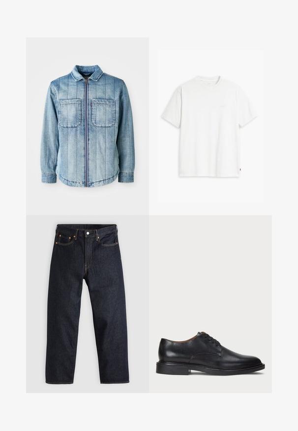 Light blue denim jacket featuring a zip closure, two chest pockets, and vertical stitching patterns. Classic collar and elasticized hem.; White cotton t-shirt with short sleeves, crew neck, and subtle Levi's logo printed in the center. Soft texture and standard fit.; Dark blue denim jeans with a straight cut, five pockets, contrasting orange stitching, and a button fly. No visible patterns or embellishments.; Black leather dress shoe with a round toe, lace-up design, and a low stacked heel. Smooth texture with minimal stitching details.
