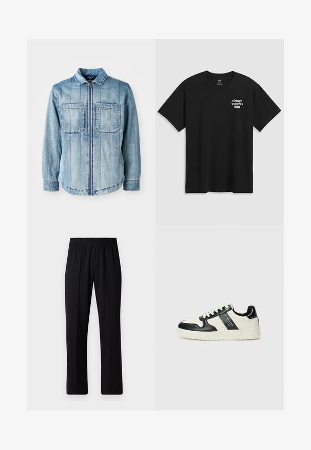 Light blue denim jacket featuring a zip closure, two chest pockets, and vertical stitching patterns. Classic collar and elasticized hem.; Black cotton t-shirt featuring a chest print that reads "HOUSE PLANTS" in white stylized font with "Levi's" below. Classic crew neckline.; Black, elastic-waist trousers with a straight-leg design, featuring a smooth texture and no visible patterns or hardware.; Leather sneakers with a black and cream color scheme, featuring perforated accents, a padded collar, and a textured outsole.