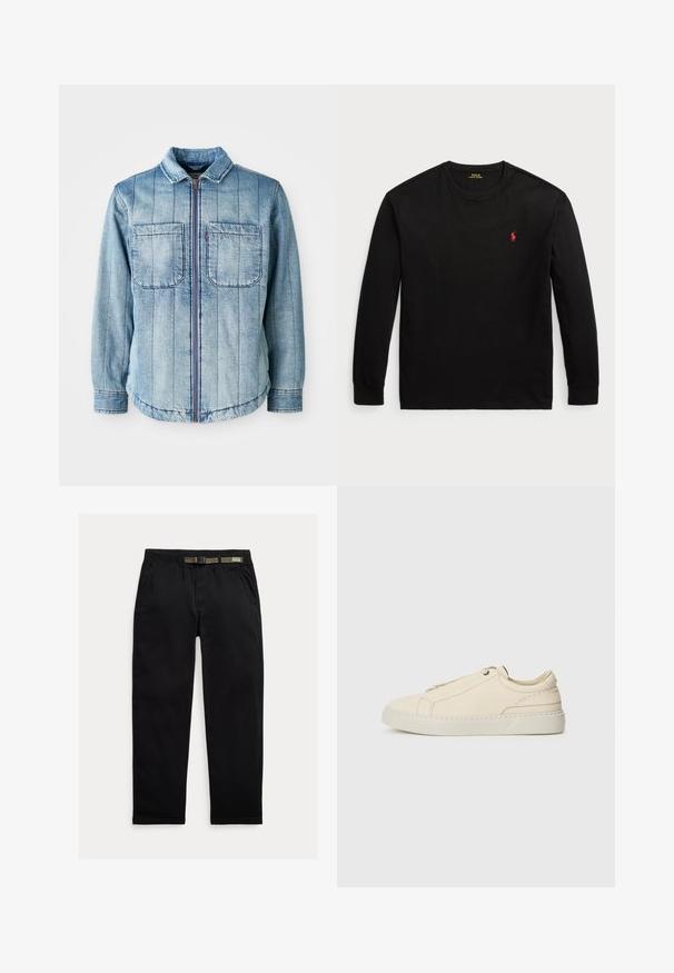 Svetlo modra džins jakna z zadrgo, dvema žepoma na prsih in navpičnimi šivi. Klasičen ovratnik in elastičen rob.; Črna majica z dolgimi rokavi iz bombaža. Ima krožni ovratnik, rebraste manšete in majhen rdeč vezen logotip na prsih. Gladka tekstura.; Črne hlače iz lahkega blaga, z elastičnim pasom in vgrajenim zeleni pasom, ravne noge in stranskimi žepi.; Bež usnjeni športni copat s zaobljenim nosom, minimalistična zasnova, subtilne šivane podrobnosti in teksturirana zgornja stran, na svetlem podplatu.