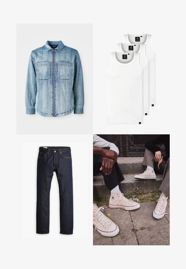 Ljusblå denimjacka med dragkedja, två bröstfickor och vertikala sömnads mönster. Klassisk krage och elastisk nederkant.; Tre vita ribbade linnen i bomull. Har rund halsringning och små svarta etiketter vid fållen. Finns i flera storlekar.; Mörkblå denimjeans med rak bendesign, orange sömmar och femfickorsstil med metallknappstängning.; Höga beige kanvas sneakers med röd rand, vit gummisula och metallhål, som har den ikoniska stjärnlogotypen på sidan.