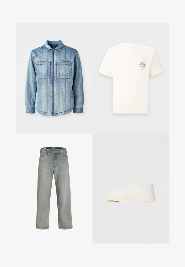 Lyseblå denimjakke med glidelås, to brystlommer og vertikale sømmer. Klassisk krage og elastisk kant.; Hvit T-skjorte med korte ermer og rød tekst "Studio Originals Edition" på venstre bryst, vist på en nøytral grå bakgrunn.; Lys grå, løstsittende jeans laget av denim. Har en klassisk fem-lomme-design, beltehemper og en rett ben-silhuett.; Hvite slip-on joggesko med teksturert overflate, tykk såle og minimalistisk design. Har merkevarelogo på siden.