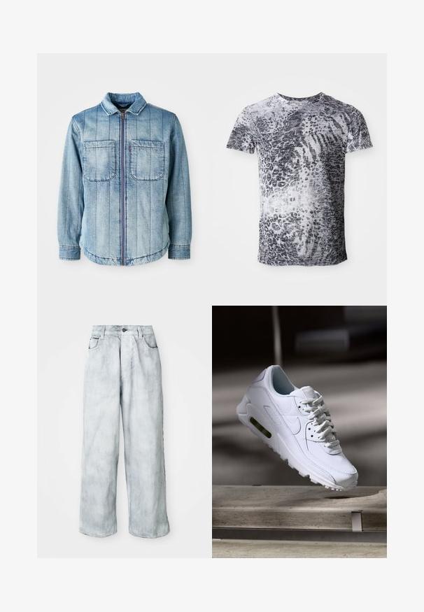 Hele sinine teksajakk, millel on tõmblukk, kaks rinnaTaskut ja vertikaalsed õmblusmustrit. Klassikaline krae ja elastne äär.; Lühikeste varrukatega t-särk halli ja valge leopardimustriga. Valmistatud pehmest kangast, ümar kaeluse disainiga.; Heleroheline laiade sääretega teksad, millel on kõrge vöökoht, eesnupuga ja tõmblukuga kinnitamine, vöölukud ning ees- ja tagakotid.; Valge nahast tennisete õhustuskujuga pinnad, pehmendustega krae ja nähtav õhuklapp tallas. Omab paelu ja minimaliseeritud disaini.