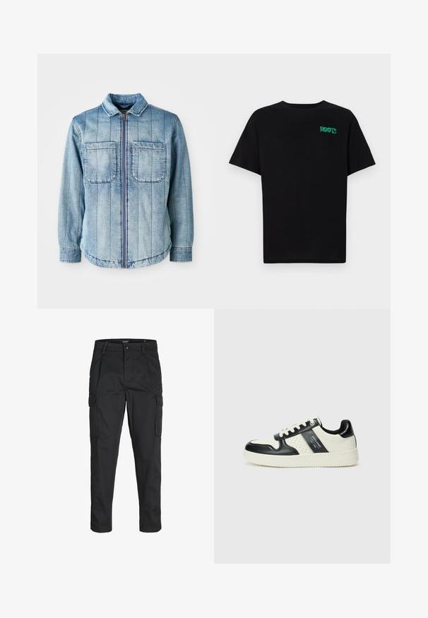 Chaqueta de mezclilla azul claro con cierre de cremallera, dos bolsillos en el pecho y patrones de costura vertical. Color clásico y dobladillo elástico.; Camiseta negra de algodón con mangas cortas. Presenta un logo verde "ROOTS" en el frente, escote redondo y corte estándar.; Pantalones cargo negros hechos de tela resistente, que cuentan con múltiples bolsillos, un cierre de botón y un diseño de corte slim con piernas ajustadas.; Zapatillas de cuero con un esquema de colores negro y crema, que cuentan con acentos perforados, un collar acolchado y una suela texturizada.
