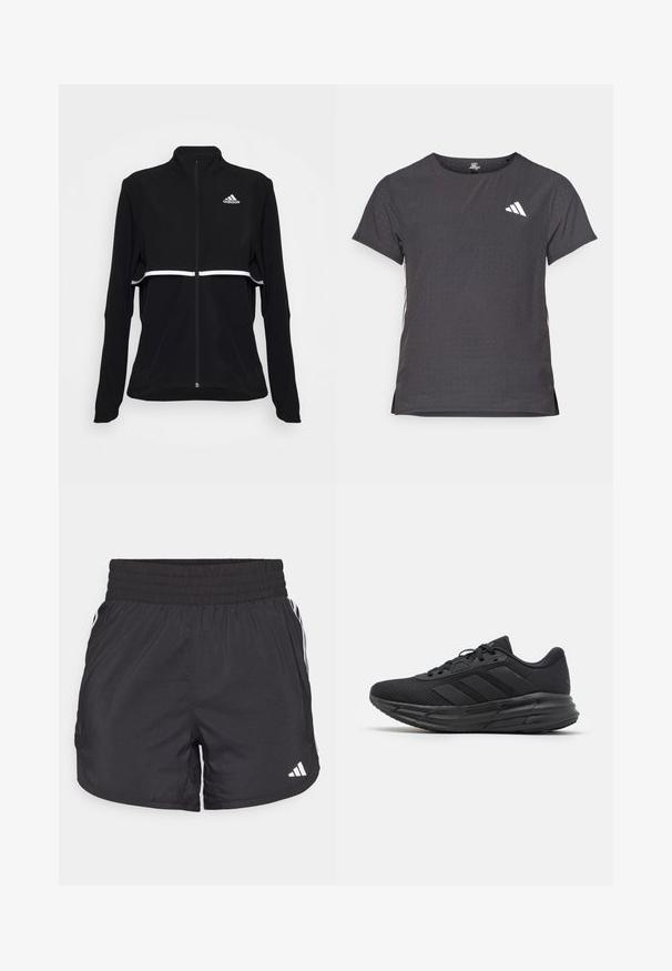 adidas Performance OTR SOFTSHE JKT - Løpejakke - black; Kortermet treningstrøye, mørkegrå med perforert tekstur. Har en hvit logo og kontrasterende side-striper. Rund halslinje.; Svarte treningsshorts med elastisk midje, sidelommer og hvite stripeaksenter på sidene. Laget av lett materiale.; Sorte atletiske sko med et pustende mesh-overdel, med tre matte sorte striper, en polstret såle og en strukturert yttersåle for grep.