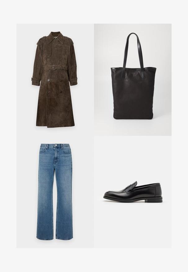 Brauner Wildleder-Trenchcoat mit einem taillierten Gürtel, doppeltem Knopfverschluss, großem Kragen und Schulterklappen. Enthält dezente Steppdetails.; Weißes Hemd mit Knöpfen und Kragen, das dezente vertikale Streifen aufweist, lange Ärmel, eine Brusttasche und einen klassischen abgerundeten Saum hat.; Weite blaue Jeans aus Denim mit einem verblassten Finish. Verfügt über fünf Taschen, einen Frontknopfverschluss und einen geraden Schnitt.; Schwarze Lederloafers mit glatter Textur, rundem Zehenbereich und einem dekorativen Riemen über dem Vorderfuß. Niedriger, gestapelter Absatz, minimalistisches Design.; Schwarze Stofftote mit schwarzen Ledergriffen. Einfaches Design, geräumiger Körper und glatte Textur. Keine sichtbaren Logos oder Muster.