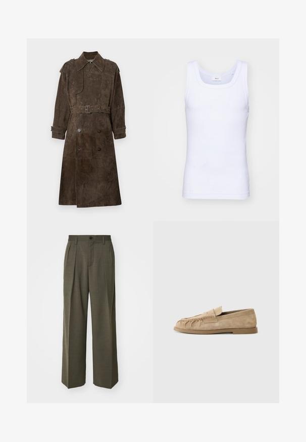 Casaco trench de camurça castanho com cintura cingida, frente de dupla abotoadura, grande colarinho e epauletes nos ombros. Apresenta detalhes de costura subtil.; Top de algodão branco sem mangas com decote redondo, apresentando uma textura suave e um corte ajustado, projetado para uso casual.; Filippa K WIDE TROUSERS - Calças - driftwood; Mocassins em camurça bege, com um design franzido, apresentando uma sola plana e uma fita decorativa sobre o peito do pé. Textura suave.