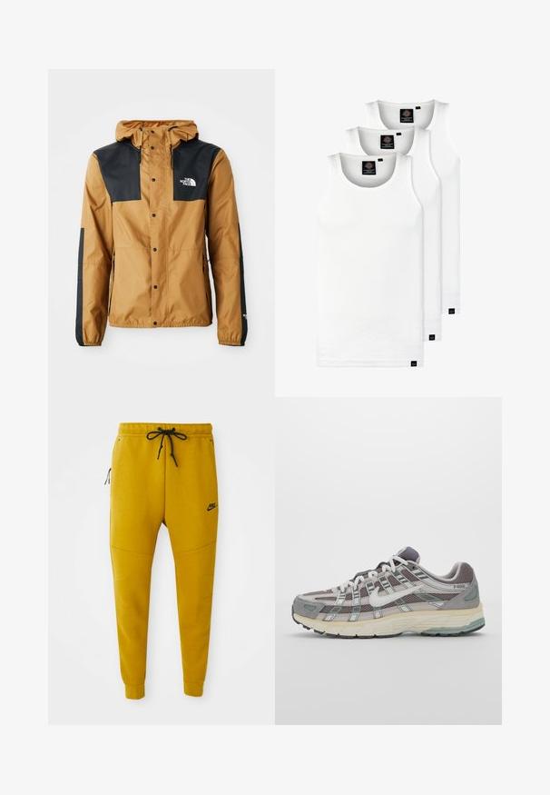 Vodoodporna rjava jakna z črnimi rameni, zaponkami, nastavljivo kapuco ter logotipom na levi strani prsnega koša in na rokavu.; Tri bele rebraste majice brez rokavov iz bombaža. Imajo okroglo izreza in majhne črne etikete blizu roba. Na voljo v več velikostih.; Nike trenirke v živahni gorčični barvi, izdelane iz mehke tkanine. Imajo elastičen pas z vrvico, stranske žepke z zadrgo in zožene hlačnice.; Sive športne čevlje z zgornjim delom iz mrežastega in semiš materiala, belimi akcenti, oblazinjenim podplatom ter edinstvenim dizajnom z odsevnimi elementi.