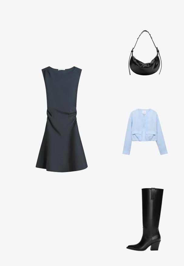 Geknipt lichtblauwe jas gemaakt van zachte stof; heeft een voorkant met rits, ronde halslijn en twee opgestikte zakken op de borst.; Donkergrijze mouwloze jurk met een ronde halslijn, een getailleerde lijfje en een uitlopende rok, met subtiele plooien aan de zijkant voor textuur.; Kniehoge zwarte leren laarzen met een puntige neus, blokhak en een naaddetail aan de zijkant. Inclusief een achterste lus voor eenvoudig aan- en uittrekken.; Zwarte leren handtas met een halve maan vorm, gladde textuur en verstelbare schouderband, met subtiele hardware accenten. Rits sluiting zichtbaar.