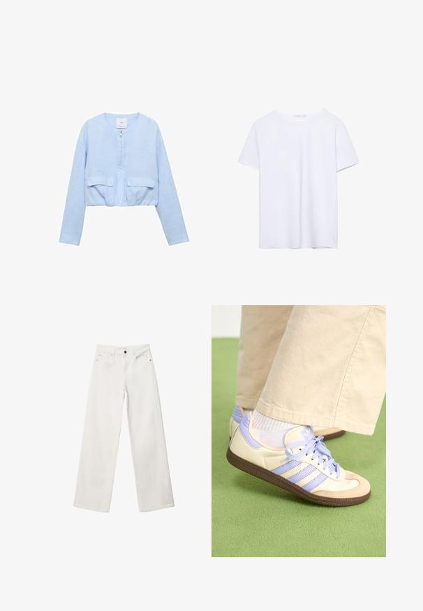 Forkortet lyseblå jakke lavet af blødt stof; har en frontlynlås, rund halsudskæring og to påsyede lommer på brystet.; Simpel hvid kortærmet t-shirt med rund hals og lige kant, præsenteret på en hvid baggrund.; Hvide bukser med vidde lavet af denim, med høj talje, fem lomme-design og metalknaplukning. Glat tekstur, ingen mønstre.; Creme og lavendel sneakers med tre striber og en tekstureret brun sål, der har snørebånd og en polstret hæl. Blødt stof øvre.