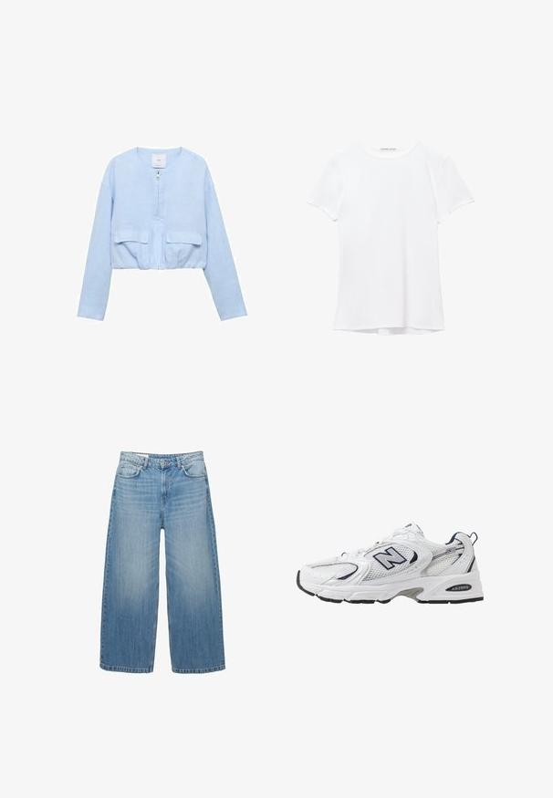 Krátka svetlomodrá bunda vyrobená z mäkkej tkaniny; má predný zips, okrúhly výstrih a dve náprsné vrecká.; Biela tričká s krátkym rukávom vyrobené z hladkej tkaniny, s okrúhlym výstrihom a jemnými švami na leme.; Svetlomodré široké džíny vyrobené z denimu, s klasickým dizajnom piatich vreciek a zapínaním na gombík. Vyblednutá textúra po celom povrchu.; Biele športové topánky s priedušným vrchným materiálom, námorníckymi akcentmi a polstrovanou podrážkou. Obsahujú logo "N", šnúrky a textúrovaný detail na boku.