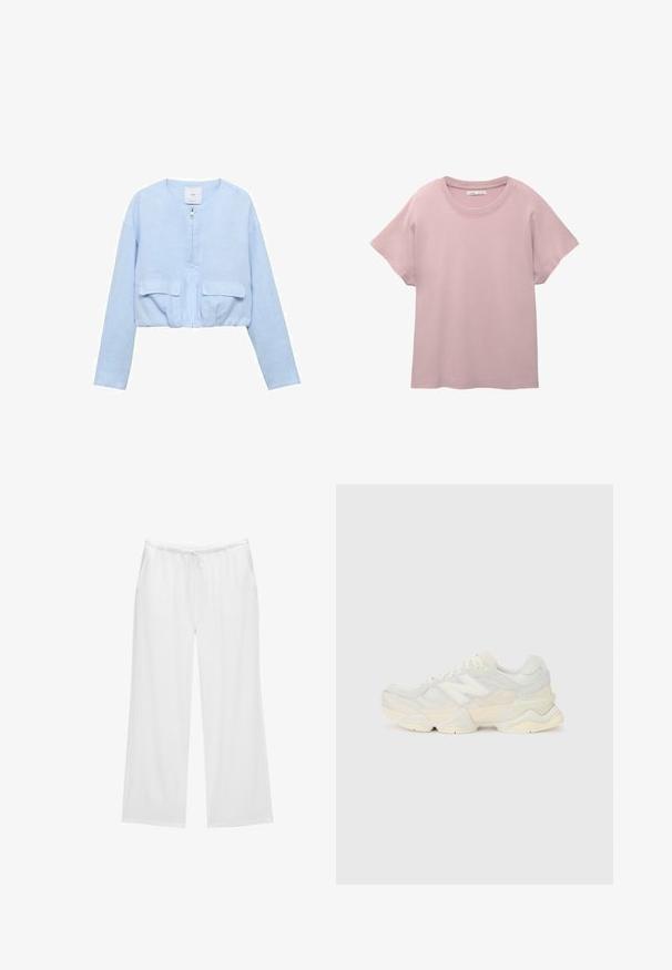 Kort ljusblå jacka i mjukt tyg; har dragkedja fram, rund halsringning och två fickor på bröstet.; Ljusrosa kortärmad t-shirt i mjuk bomull. Har rund halsringning och avslappnad passform med rak nederkant.; Vita vida byxor i mjukt tyg, med resårlinning och dragsko samt två sidofickor. Enkel och ren design.; Lättviktig sneaker med en ovandel av mesh och mocka i mjuka krämfärger, med en rejäl sula och tredimensionella detaljer.