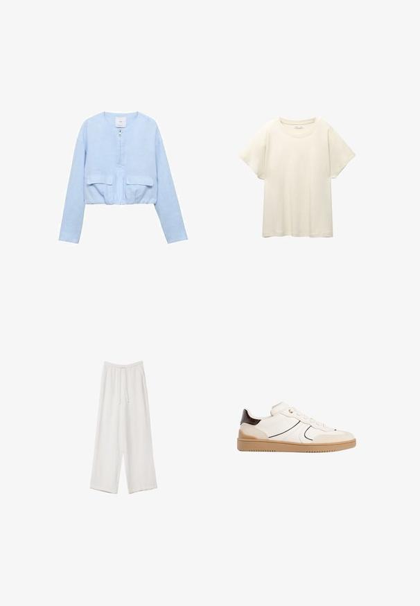 Lyhyt vaaleansininen takki, joka on valmistettu pehmeästä kankaasta; siinä on etuvetoketju, pyöreä pääntie ja kaksi rintataskua.; Vaaleanbeige lyhythihainen t-paita, jossa on pyöreä kaula-aukko, valmistettu pehmeästä ja sileästä kankaasta. Ominaisuuksina rento mitta ja suora helma.; Valkoiset leveälahkeiset housut kevyestä kankaasta. Ominaisuuksiin kuuluu elastinen vyötärö, jossa on nauhakuuluma ja sivutaskut. Sileä rakenne.; Stradivarius Matalavartiset tennarit - white