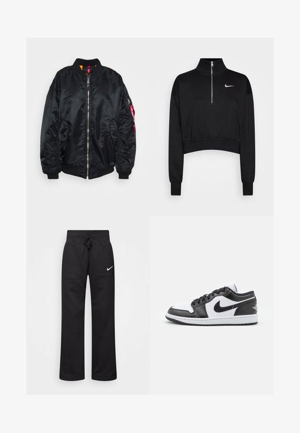 Melnā bumbvedēju jaka, izgatavota no gludas, spīdīgas materiāla. Ar priekšēju rāvējslēdzēju, ribotām piedurknēm, sānu kabatām un rāvējslēdzēja kabatu uz rokas ar sarkano etiķeti.; Melnā īsā svītra ar augstu apkakli, puszipsa aizdare, rievojumu aproces un neliels balts Nike logotips kreisajā krūtī. Mīksta auduma tekstūra.; Melnas treniņbikses, kas izgatavotas no kokvilnas maisījuma, ar regulējamu jostu, taisnām kājām un baltu Nike logo kreisajā pusē.; Melnbalti Nike zemāko sporta apavu modeļi ir ar gludu ādas virsu, apaļu purngalu, saistošo aizdari un rakstainu gumijas zoli.