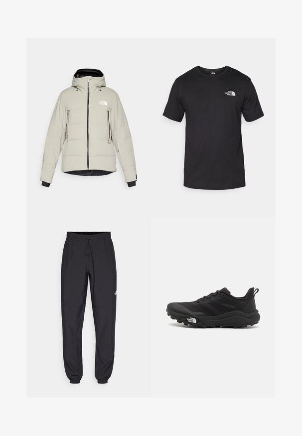 The North Face CIRQUE JACKET - Casaco de esqui - clay grey; T-shirt preto de manga curta feito de algodão, com um decote redondo e um pequeno logótipo branco na parte superior esquerda do peito.; Calças atléticas pretas feitas de tecido leve, com um cós ajustável por cordão, bolsos laterais e punhos afunilados nos tornozelos.; Sapatilha de trail running preta com um upper texturizado, sola de borracha e biqueira reforçada. Possui um colarinho acolchoado e uma alça para facilitar o calçar.
