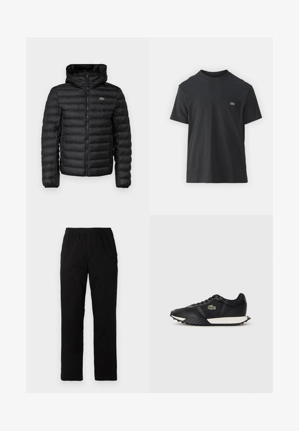 Casaco puffer preto com fecho frontal, capuz, padrão acolchoado e punhos elásticos. Apresenta um pequeno logótipo verde da Lacoste no peito.; Camiseta de algodão preta com mangas curtas, decote redondo e um pequeno logo verde no bolso do peito esquerdo. Design simples, corte regular.; Calças pretas feitas de um tecido de algodão misto, com corte reto, cintura elástica com botão e sem padrões ou detalhes visíveis.; Ténis pretos com acabamento em pele lisa, apresentando uma sola de borracha texturizada, entressola branca e um logótipo bordado verde de um lado.