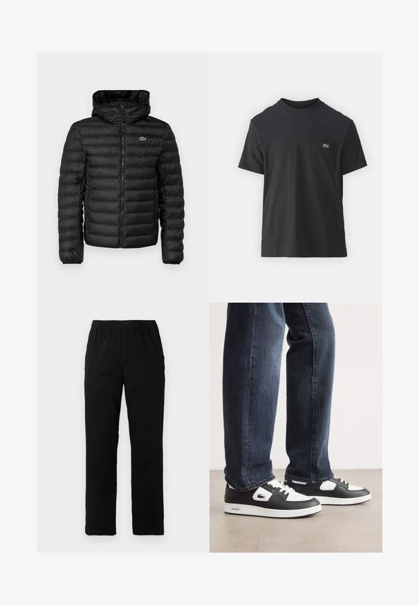 Black puffer jacket with a zip front, hood, quilted pattern, and elasticized cuffs. Features a small green Lacoste logo on the chest.; Black cotton t-shirt with short sleeves, round neckline, and a small green logo on the left chest pocket. Simple design, regular fit.; Black pants made of cotton blend fabric, featuring a straight cut, elastic waistband with button, and no visible patterns or accents.; Black and white Lacoste sneakers with a textured leather upper, featuring a lace-up design and a white rubber outsole. Worn with dark jeans.