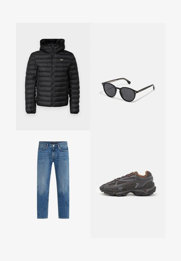 Geacă puf neagră cu fermoar în față, glugă, model matlasat și manșete elasticizate. Prezintă un mic logo verde Lacoste pe piept.; Tricou roșu din bumbac, cu mâneci scurte, de tip crew neck, și un mic logo pe pieptul stâng. Textură netedă și croială regulară.; Jeans din denim de culoare albastru deschis, cu un design drept, spălare închisă, stil cu cinci buzunare, cusături contrastante și închidere cu un nasture în față.; Adidași Lacoste de culoare gri închis, din material mesh și sintetic, cu o talpă texturată și accente maronii pe guler și branding.; BOSS Ochelari de soare - black
