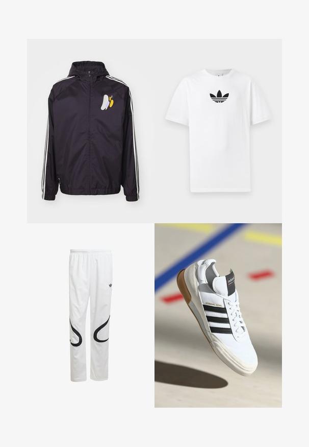 adidas Performance REAL MADRID SZN WB - Sportovní bunda - aurora black; Bílá bavlněná tričko s černým logem Adidas uprostřed. Krátký rukáv a design s kulatým výstřihem. Hladká textura.; Bílé sportovní kalhoty s hladkým povrchem, zdobené černými křivými vzory na bocích a černým logem blízko pasu.; Bílé tenisky Adidas Mundial Goal s černými pruhy a gumovou podrážkou, zobrazené ve vzduchu nad sportovním hřištěm s barevnými čarami.