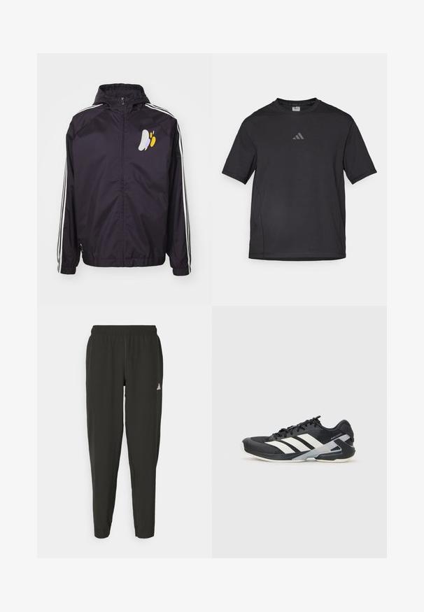 adidas Performance REAL MADRID SZN WB - Trainingsvest - aurora black; Zwart sport t-shirt van ademend materiaal, met korte mouwen, een ronde hals en een reflecterende logo op de borst.; Zwarte sportbroek met een elastische tailleband, slim fit en een wit logo op het linkerbeen. Soepele, lichte stof.; Zwarte sportschoen met witte strepen, bovenwerk van mesh, ronde neus en geveerde zool. Heeft een getextureerde hak en een veilig vetersysteem.
