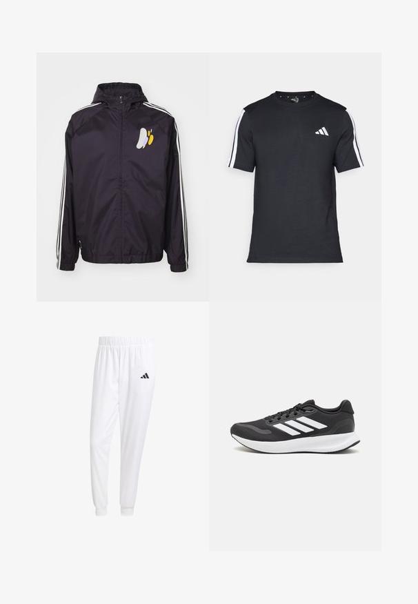 adidas Performance REAL MADRID SZN WB - Verryttelytakki - aurora black; Mustapaita, joka on valmistettu puuvillasta ja jossa on lyhyet hihat. Paidassa on valkoiset raidat hartioilla ja valkoinen logo vasemmassa rinnassa.; Valkoiset urheiluhousut, jotka on valmistettu sileästä kankaasta, jossa on joustava vyötärö ja istuvat hihat, ja joissa on musta logo takataskussa.; Mustat urheilukengät hengittävällä verkkosella yläosalla, valkoisilla yksityiskohdilla ja pehmustetulla pohjalla. Sivussa on kolme raitaa -logo.