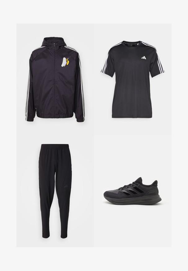 adidas Performance REAL MADRID SZN WB - Chaqueta de entrenamiento - aurora black; Camiseta negra de manga corta con diseño de tres franjas blancas en los hombros y logo en el pecho. Fabricada con un tejido transpirable y de textura suave.; Pantalones deportivos negros con cintura elástica, diseño ajustado, bolsillos laterales y un discreto detalle de logo. Fabricados con un material flexible y transpirable.; Zapatilla deportiva negra con parte superior de tela texturizada, suela de goma y tres franjas negras brillantes en el costado. Punta redondeada y talón acolchado.