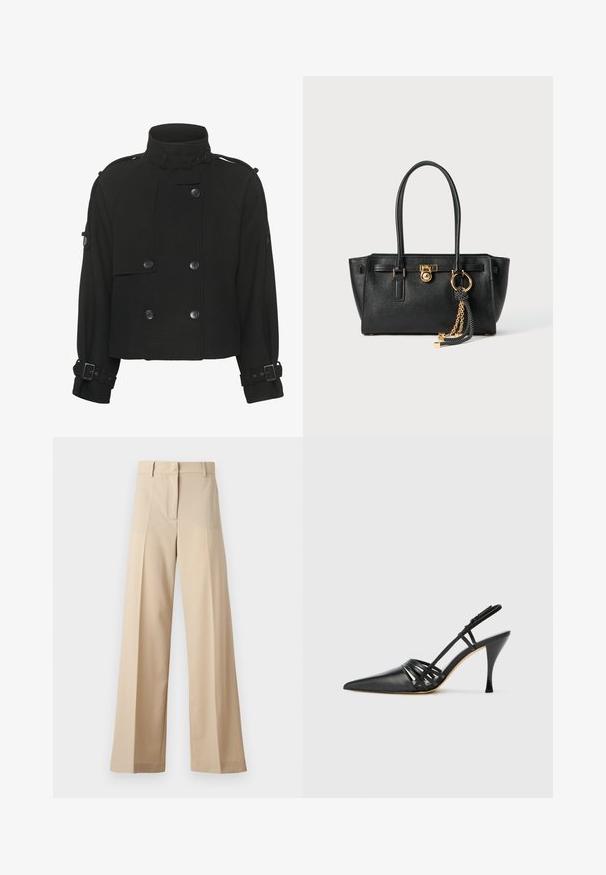 Fekete, cropped fazonú dzseki texturált anyagból, magas gallérral, dupla gombolású kialakítással és csat díszítéssel a ujjakon.; Barna, hosszúujjú, gombos ing, hegyes gallérral és mandzsettákkal, egyszerű fehér háttér előtt kiemelve.; Beige színű, bő szabású nadrág sima anyagból, lapos elejével, redőkkel, cipzáras záródással és övhurkokkal. Összességében testreszabott szabású.; Fekete bőr magassarkú slingback cipő, hegyes orral, keresztbe fonott pántos dizájnnal és vékony tűs sarkakkal. Sima felület és minimális díszítés.; Fekete bőr kézitáska dupla fogantyúkkal, aranyzárral és lánc részletekkel, fekete-fehér bojt kiegészítővel, fehér háttéren.; A ezüst karika fülbevalók sima, lekerekített formájúak, vékony profilúak és biztonságos zárással rendelkeznek. Minimalista stílus, fényes befejezéssel.