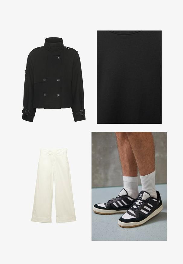 Črna skrajšana jakna iz teksturirane tkanine, ki ima visok ovratnik, dvoredno zapenjanje in zaponke na rokavih.; Črn bombažni material z gladko teksturo in okroglo izrezom, ki ima subtilen, enakomeren vzorec. Brez vidnih logotipov ali akcentov.; Široke hlače iz mehkega, kremnega materiala. Imajo ravno sprednje pasove in zvite robove. Gladka tekstura s čistim, minimalističnim dizajnom.; Črno-bele superge z zgornjim delom iz usnja in nubuka, ki imajo tri bele črte, perforiran vrh prstov in podplat iz gume.