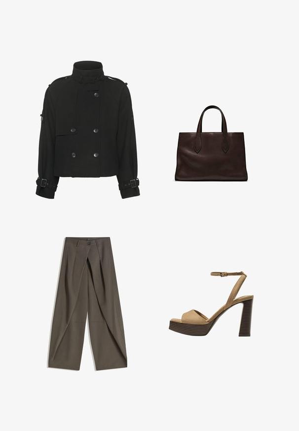 Giacca nera cropped realizzata in tessuto testurizzato, con colletto alto, design doppiopetto e dettagli con fibbia sulle maniche.; T-shirt in cotone marrone, maniche corte, collo a giro, vestibilità abbastanza ampia, texture liscia, design minimalista, senza motivi o dettagli visibili.; Pantaloni a gamba larga realizzati in un tessuto testurizzato grigio scuro. Presentano una piega frontale, chiusura con bottone e tasche laterali per praticità.; Sandali con tacco alto in suede beige, con una larga fascetta anteriore e una fascetta alla caviglia, dotati di un tacco blocco in legno spesso con una finitura testurizzata.; Borsa a spalla in pelle marrone con due manici lunghi, forma rettangolare strutturata, texture liscia e dettagli di cucitura sottili.