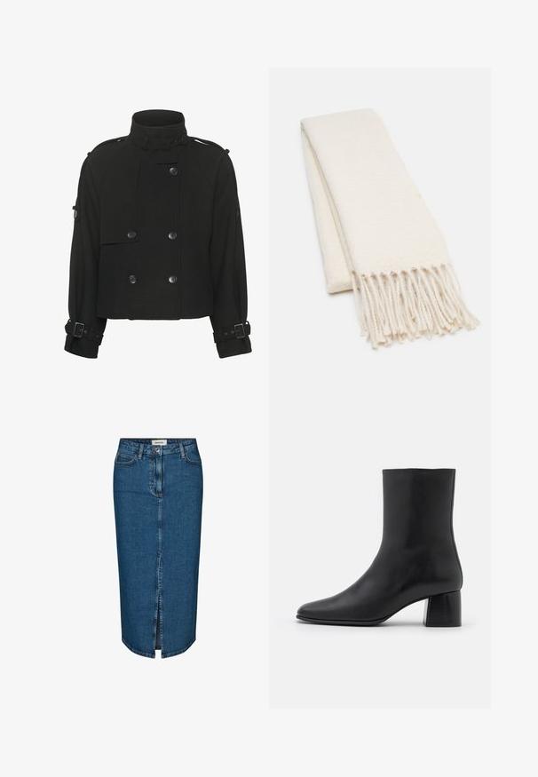 Giacca nera cropped realizzata in tessuto testurizzato, con colletto alto, design doppiopetto e dettagli con fibbia sulle maniche.; Top corto bianco a maniche corte caratterizzato da una vestibilità morbida, texture leggera e scollo tondo. Visto da dietro mostra un design semplice e fluido.; Gonna a tubino in denim blu scuro, con uno spacco frontale, cinque tasche e cuciture a contrasto. Vita medio-alta con un design classico.; Stivali ankle in pelle nera con punta affusolata e tacco quadrato grosso. Texture liscia con un design senza cuciture e cuciture minimaliste.; Sciarpa bianca con un motivo testurizzato, con estremità frangiate. Il materiale sembra morbido e leggero, piegato ordinatamente per l'esposizione.; Borsa tote nera realizzata in materiale testurizzato, con due manici lunghi e un design semplice e minimalista senza hardware visibile.