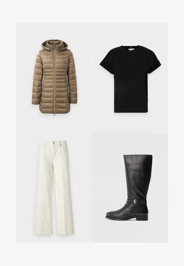 Piepūsts parkas taupe krāsā ar rāvējslēdzēja priekšpusi, kapuci un horizontālu šuvju rakstu. Gluda tekstūra ar elastīgiem piedurknēm un garāku dizainu.; Melns kokvilnas T-krekls ar sarullētām īsām piedurknēm, centrā ir izcilināts logo un neliels karoga akcents sānos.; Platās kāju baltās džinsas, izgatavotas no kokvilnas maisījuma auduma. Tām ir rāvējslēdzēja josta, piecu kabatu dizains un šuvju izšuvumi gar šuvēm.; Melnas ādas līdz ceļiem zābaki ar gludu tekstūru, nelielu zelta sprādzi, noapaļotu purngali un zemu sakrātu papēdi. Vienkāršs, elegants dizains.