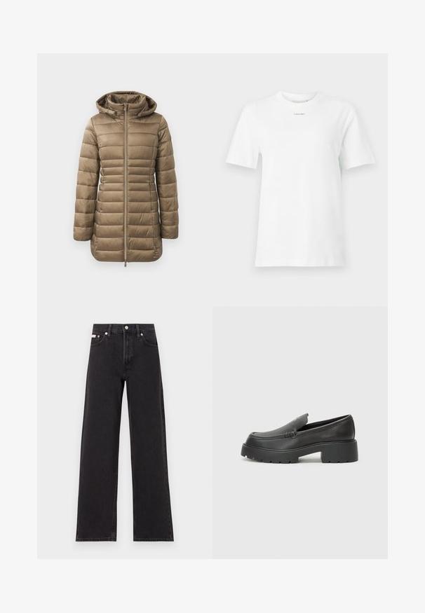 Vuorattu parka taupe-värissä, jossa on vetoketjukiinnitys, huppu ja vaakasuora tikkauksia. Sileä pinta, elastiset hihansuut ja pidempi muotoilu.; Valkoinen puuvillainen t-paita, jossa on pyöreä kaula-aukko, lyhyet hihat ja pieni musta "Calvin Klein" -logo rinnassa. Yksinkertainen muotoilu, ilman kuvioita.; Mustat leveälahkeiset farkut, jotka on valmistettu denimistä, korkeavyötäröinen malli, viisi taskua, metallinappi sulkemiseen ja kontrastivärinen ompelu.; Musta nahkakengät, joissa on pyöristetty kärki, paksu teksturoitu pohja ja vähäiset ompeluyksityiskohdat. Tyylikäs muotoilu, jossa ei ole näkyviä nauhoja tai metalliosia.