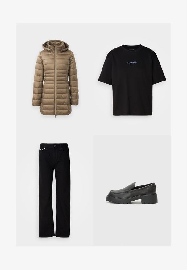 Padded parka v taupe farbe, so zips, kapucňou a horizontálnym prešívaním. Hladká textura s elastickými manžetami a predĺženým strihom.; Čierne bavlnené tričko s okrúhlym výstrihom, krátkymi rukávmi a modrým vyšívaným logom "Calvin Klein JEANS" na prednej strane.; Čierne rovné džínsy s piatimi vreckami, striebornými nitmi a zapínaním na gombík. Tkanina má hladký, jemne textúrovaný povrch.; Čierne kožené mokasíny s okrúhlou špičkou, hrubou textúrovanou podrážkou a minimom stehovej výzdoby. Štíhly dizajn bez viditeľných šnúr alebo kovania.