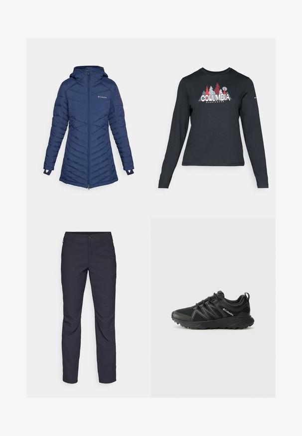 Columbia PEAK™ MID JACKET - Zimski kaput - collegiate navy; Majica dugih rukava tamnosive boje s grafikom crvenih drveća i planina; logo "COLUMBIA" u podebljanom bijelom tekstu. Mekana tkanina, standardni okrugli izrez.; Pantalone tamnoplave boje od glatkog materijala, s prednjim kopčanjem na dugme, uskim krojem i pregibima na koljenima.; Columbia PEAKFREAK - Obuća za pješačenje - black