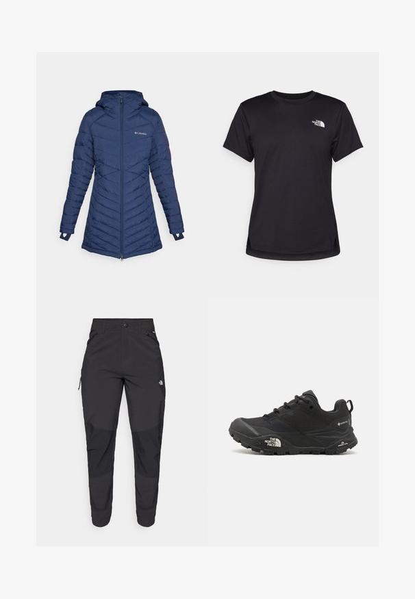 Columbia PEAK™ MID JACKET - Zimný kabát - collegiate navy; The North Face FLEX SHORT SLEEVES TEE - Športové tričko - black; Čierne vonkajšie nohavice vyrobené z odolného materiálu. Obsahujú vrecká na zips, zosilnené kolenné panely a rovný strih pre pohyblivosť.; Čierna turistická obuv s textúrovaným povrchom, šnurovaním a masívnou gumovou podrážkou, na strane so zreteľným logom a vzormi na protišmykovú trakciu.