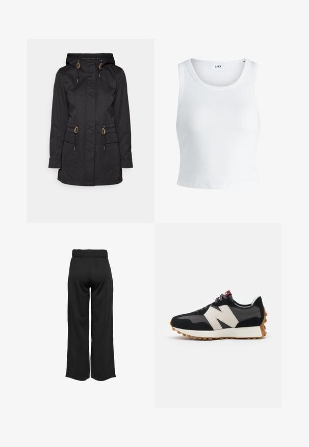 Čierna nepremokavá bunda s kapucňou, so šnúrkami, dvoma prednými vreckami a rovnom strihom. Má hladkú, textúrovanú tkaninu.; Biely rebrovaný tielko s okrúhlym výstrihom, bez rukávov a krátkou dĺžkou. Štítok znie "JJXX." Hladká textúra látky.; Čierne široké nohavice s elastickým pásom, vyrobené z hladkej tkaniny. Majú jednoduchý dizajn, bez vreciek alebo viditeľných švíkov.; Čierne a sivé semišové tenisky s veľkým krémovým logom "N", fialovými šnúrkami a textúrovanou gumovou podrážkou.