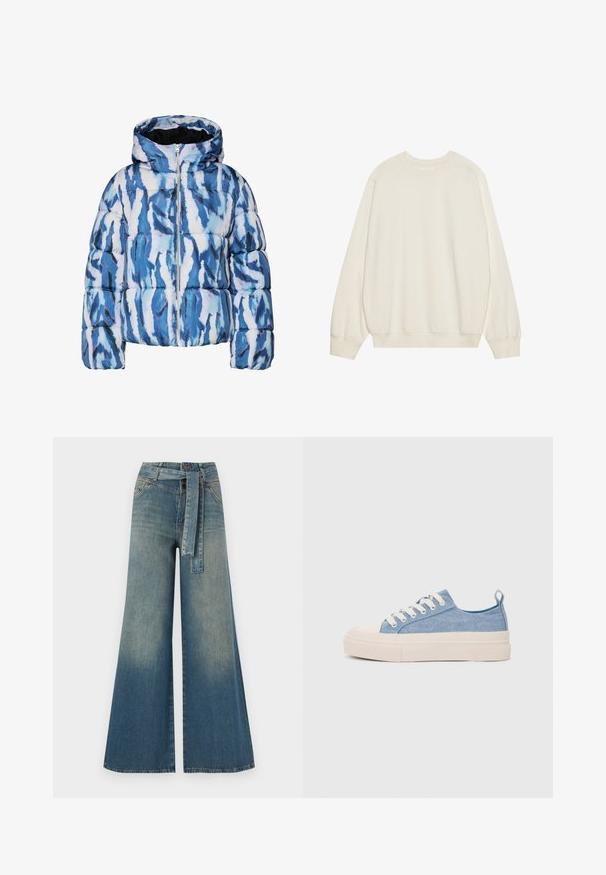 Blå og hvit abstrakt mønstret jakke med hette og glidelås foran, quilted og polstret for varme.; Lys beige sweatshirt laget av myk bomullsblanding. Har lange ermer, rund halslinning, og ribbestrikkede mansjetter og kant med en avslappet passform.; Bredde ben jeans med en lyseblå til mørkeblå gradient, høyt liv, beltehemper og et matchende belte i samme stoff. Teksturert denimoverflate.; Lys blå canvastøfler med en kremfarget gummitupp og yttersåle, med hvite snørebånd og en løfteløkke på hælen.